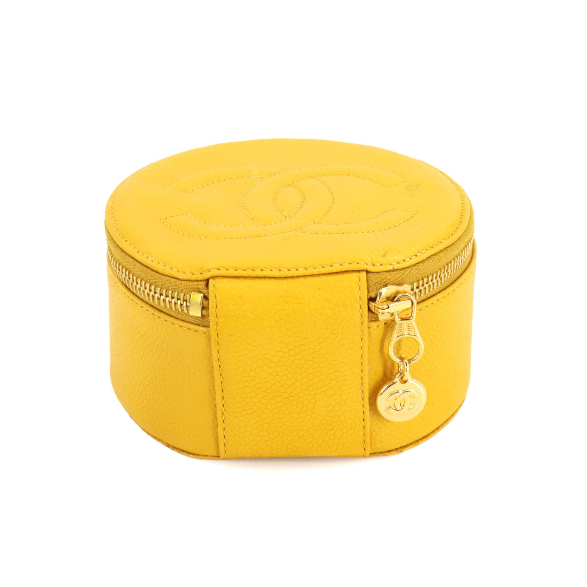 CHANEL Coco Mark Case Box Pouch Caviar Skin Yellow Jewelry case