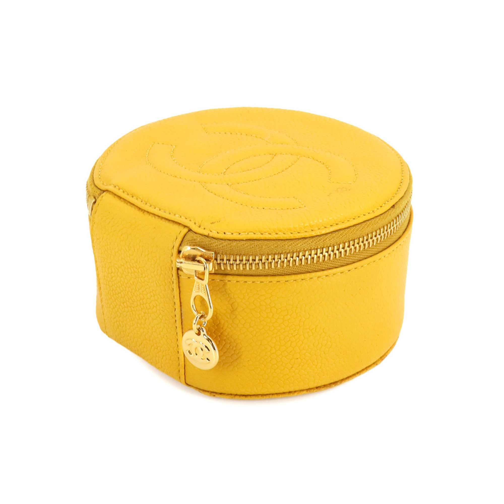 CHANEL Coco Mark Case Box Pouch Caviar Skin Yellow Jewelry case