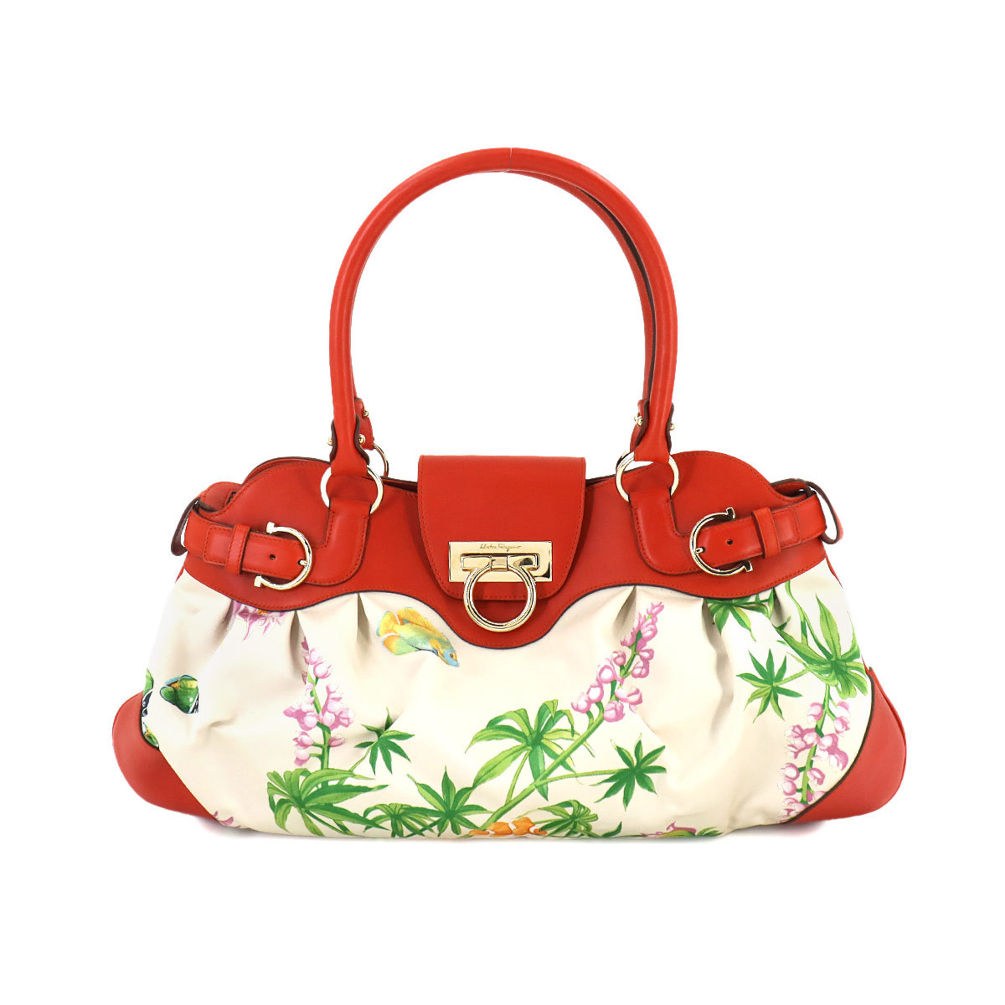 Salvatore Ferragamo Marissa Gancini Handbag Leather Satin Red Flower BW21 5370