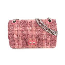 CHANEL 2.55 Chain Shoulder Bag Tweed Pink Matelasse Silver Hardware