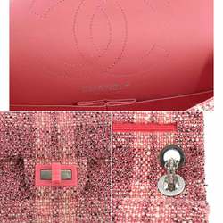 CHANEL 2.55 Chain Shoulder Bag Tweed Pink Matelasse Silver Hardware