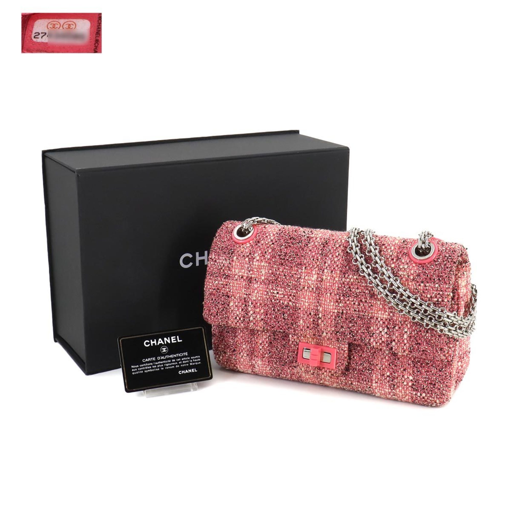 CHANEL 2.55 Chain Shoulder Bag Tweed Pink Matelasse Silver Hardware