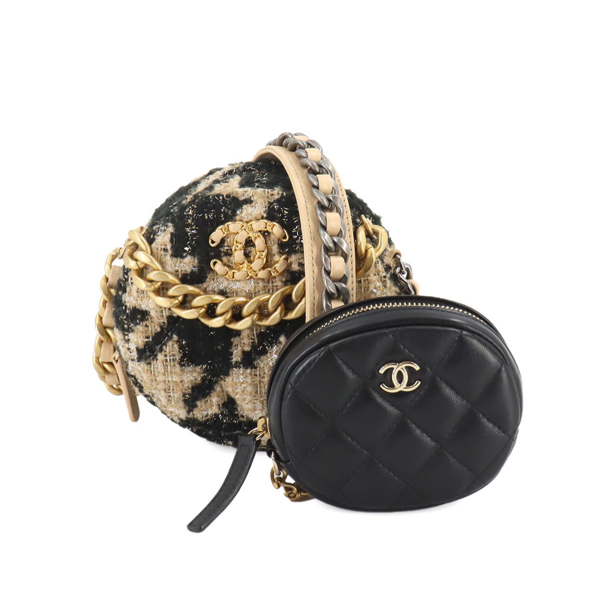 Chanel CHANEL 19 Round Chain Shoulder Bag Tweed Leather Beige Black Houndstooth