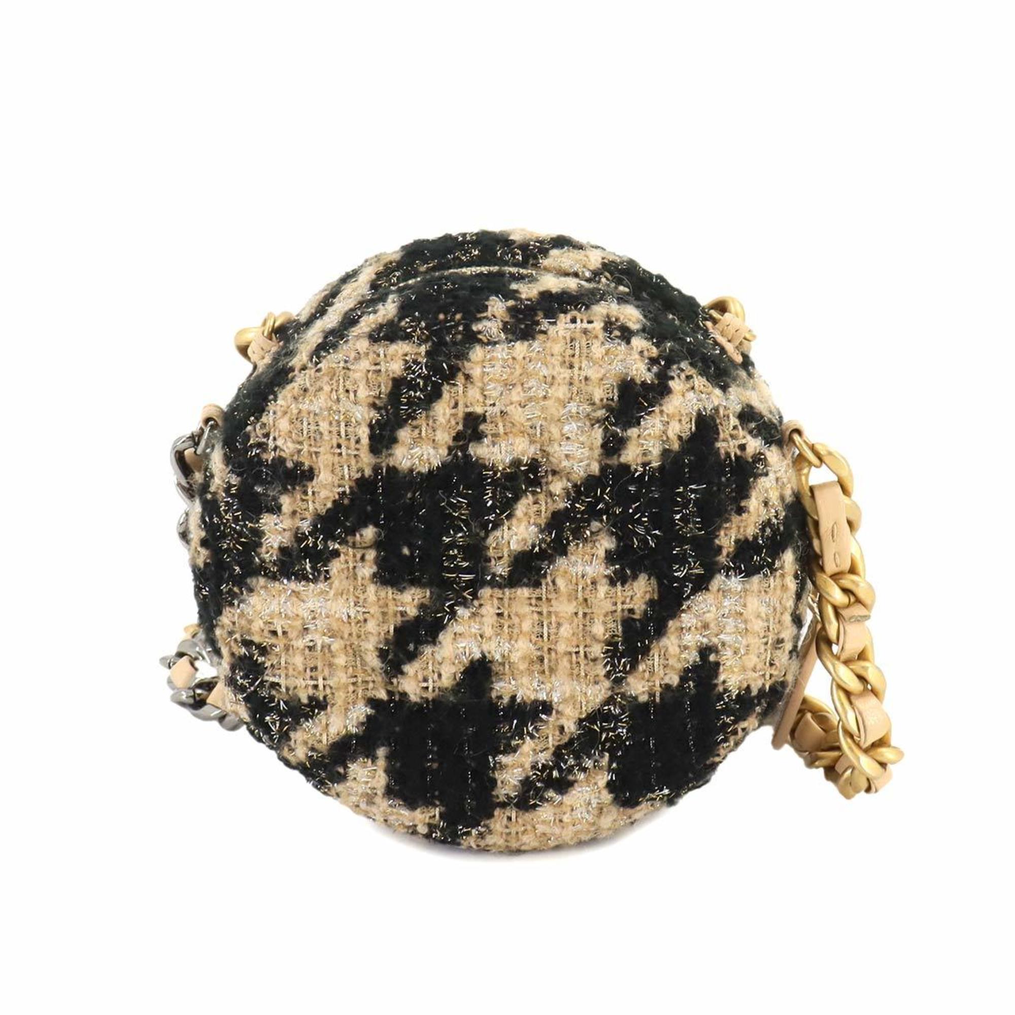 Chanel CHANEL 19 Round Chain Shoulder Bag Tweed Leather Beige Black Houndstooth