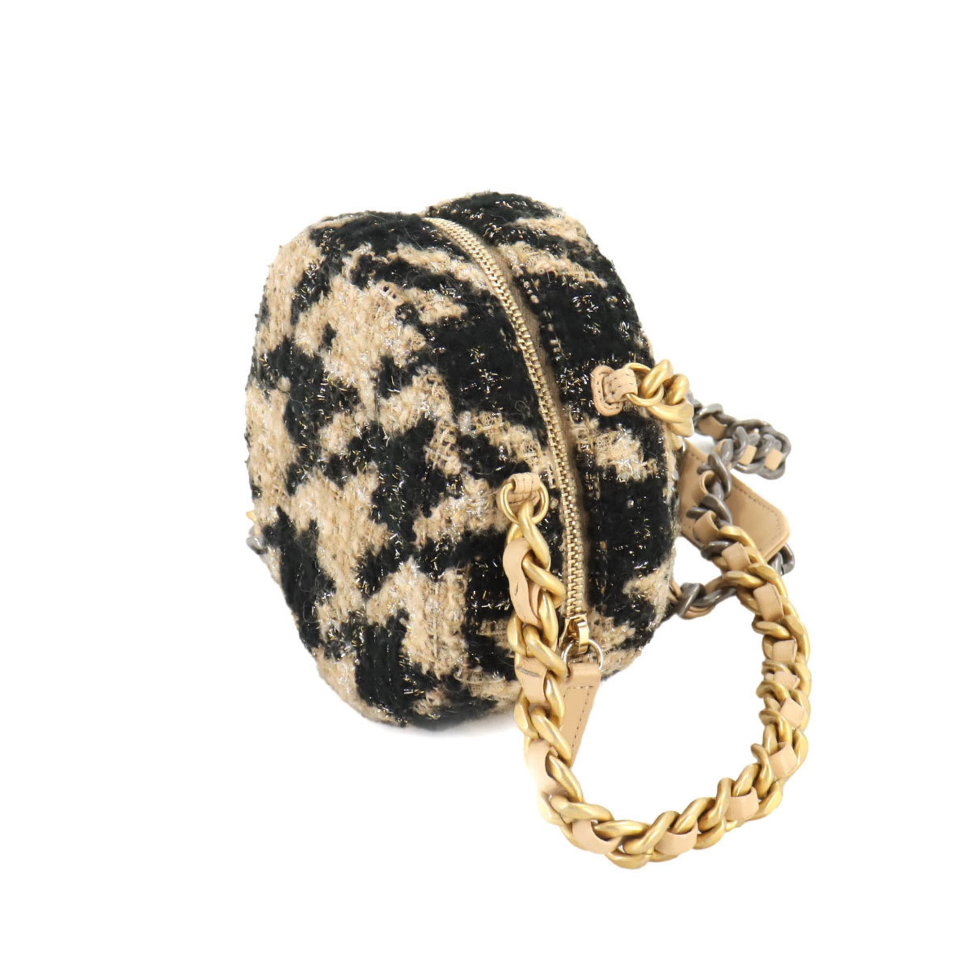 Chanel CHANEL 19 Round Chain Shoulder Bag Tweed Leather Beige Black Houndstooth