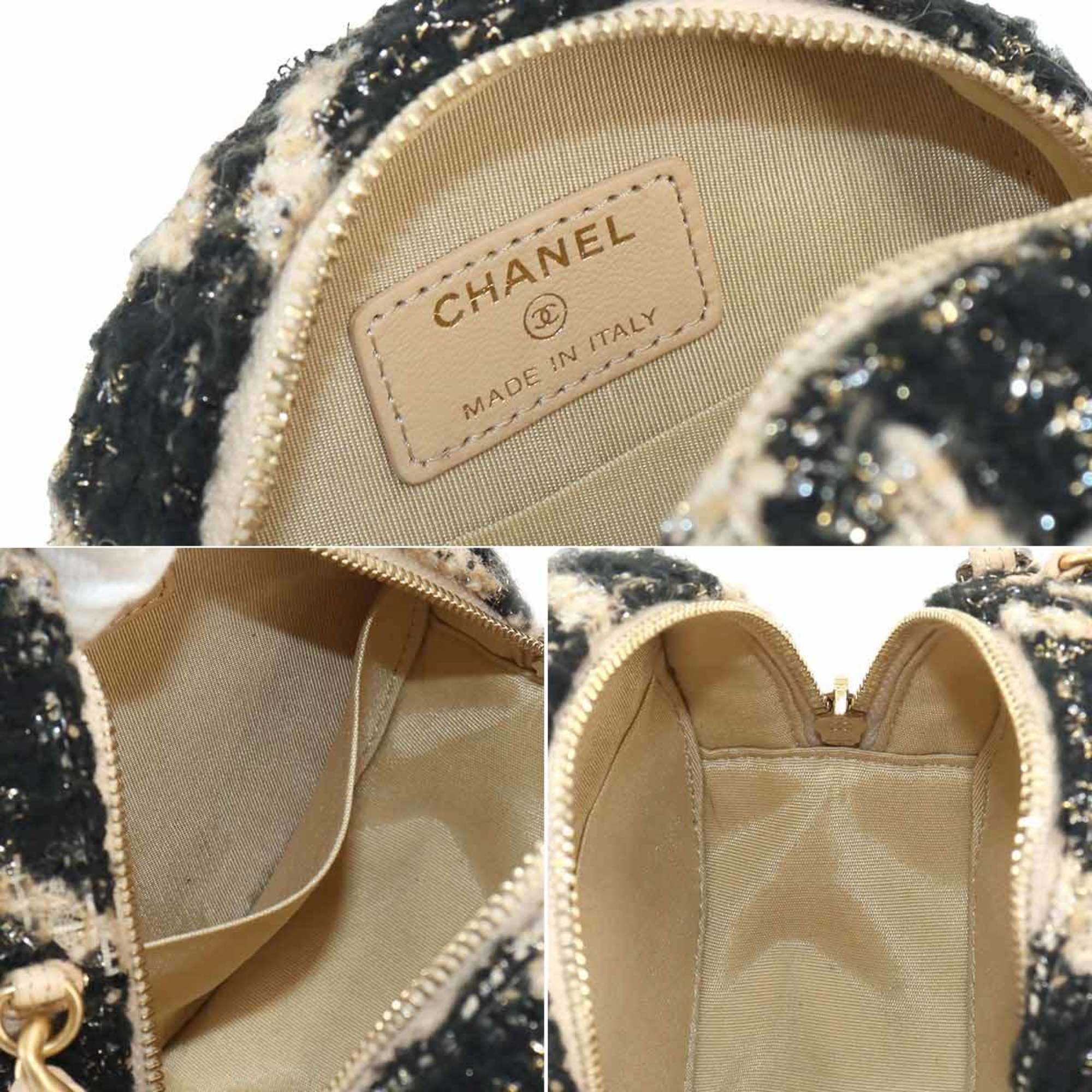 Chanel CHANEL 19 Round Chain Shoulder Bag Tweed Leather Beige Black Houndstooth