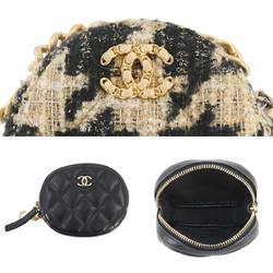 Chanel CHANEL 19 Round Chain Shoulder Bag Tweed Leather Beige Black Houndstooth