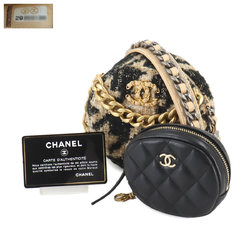 Chanel CHANEL 19 Round Chain Shoulder Bag Tweed Leather Beige Black Houndstooth