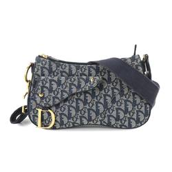 Christian Dior Trotter Double Saddle Bag Shoulder Canvas Leather Navy