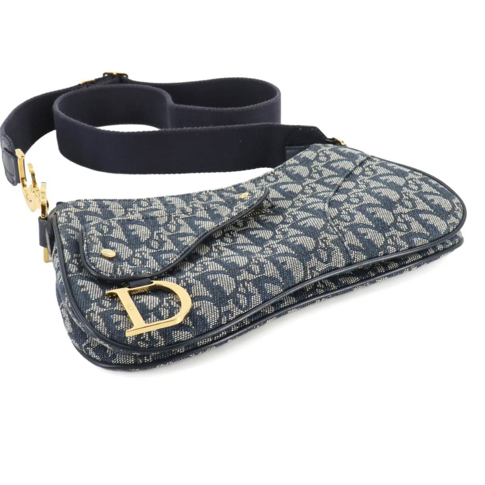 Christian Dior Trotter Double Saddle Bag Shoulder Canvas Leather Navy