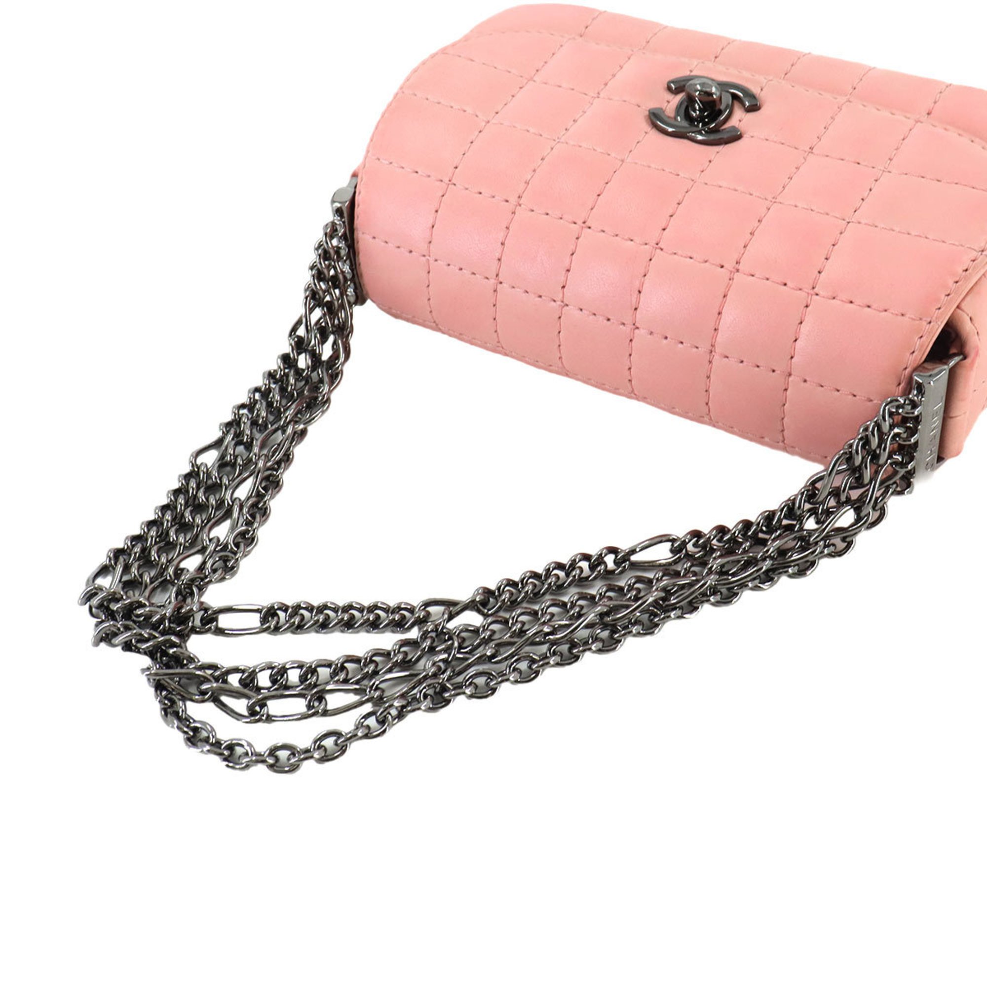 CHANEL Chocolate bar Chain Handbag Leather Pink Gunmetal Metal Fittings