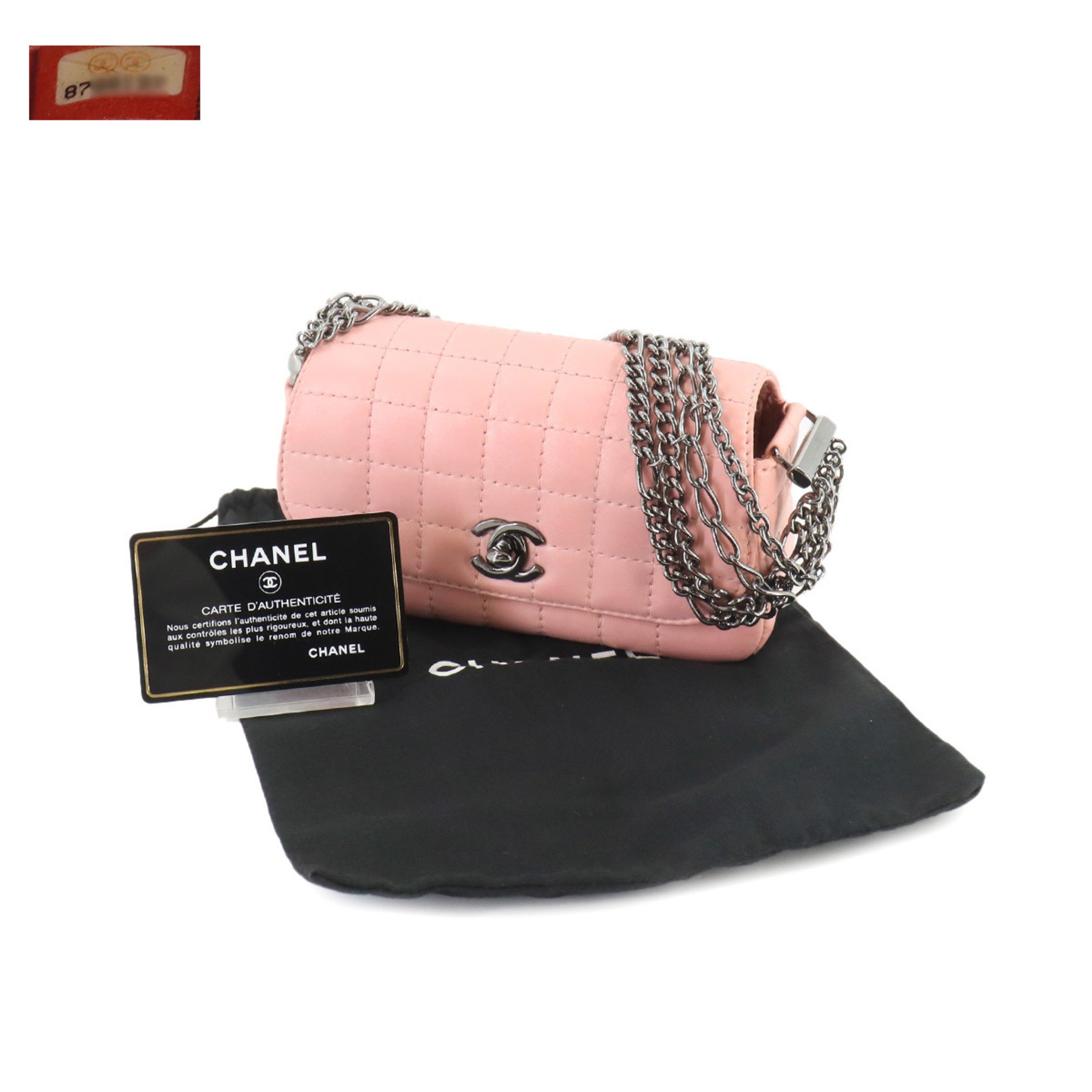 CHANEL Chocolate bar Chain Handbag Leather Pink Gunmetal Metal Fittings