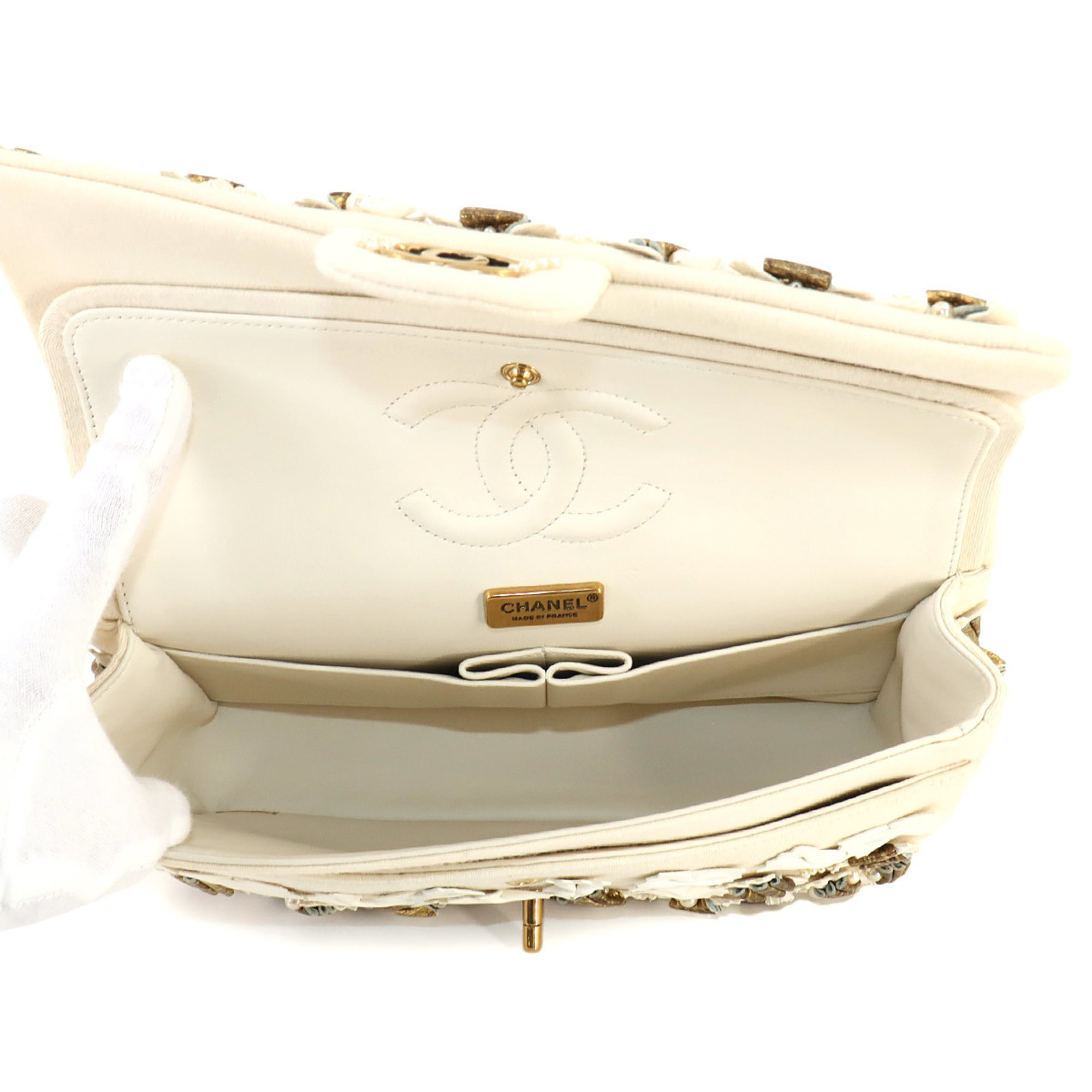 Chanel CHANEL Metiers d'Art Collection Chain Shoulder Bag Cotton Jersey Beads Ivory Ribbon