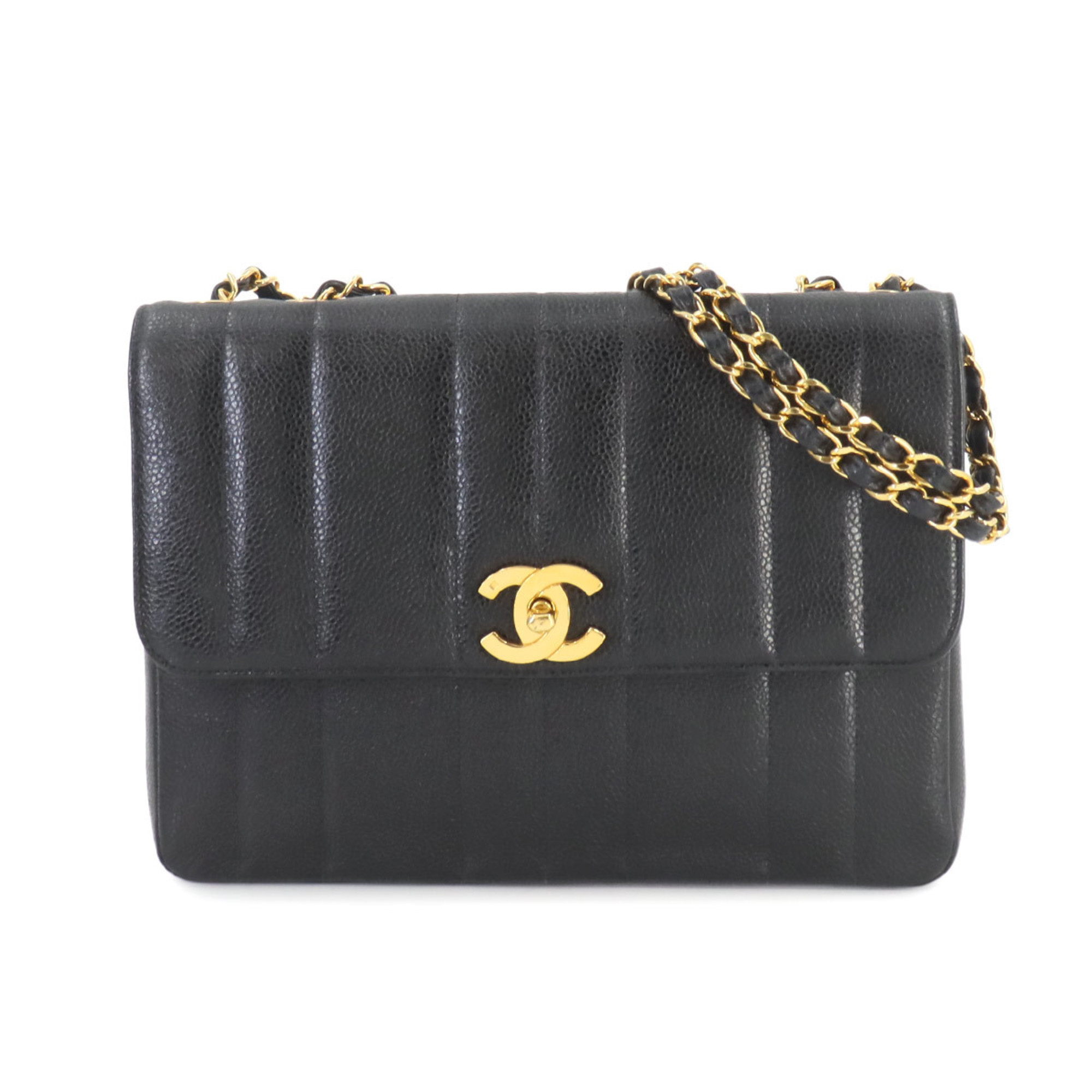 CHANEL Mademoiselle Chain Shoulder Bag Caviar Skin Black Gold Metal Fittings