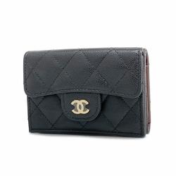 Chanel Tri-fold Wallet Matelasse Caviar Skin Black Champagne Women's