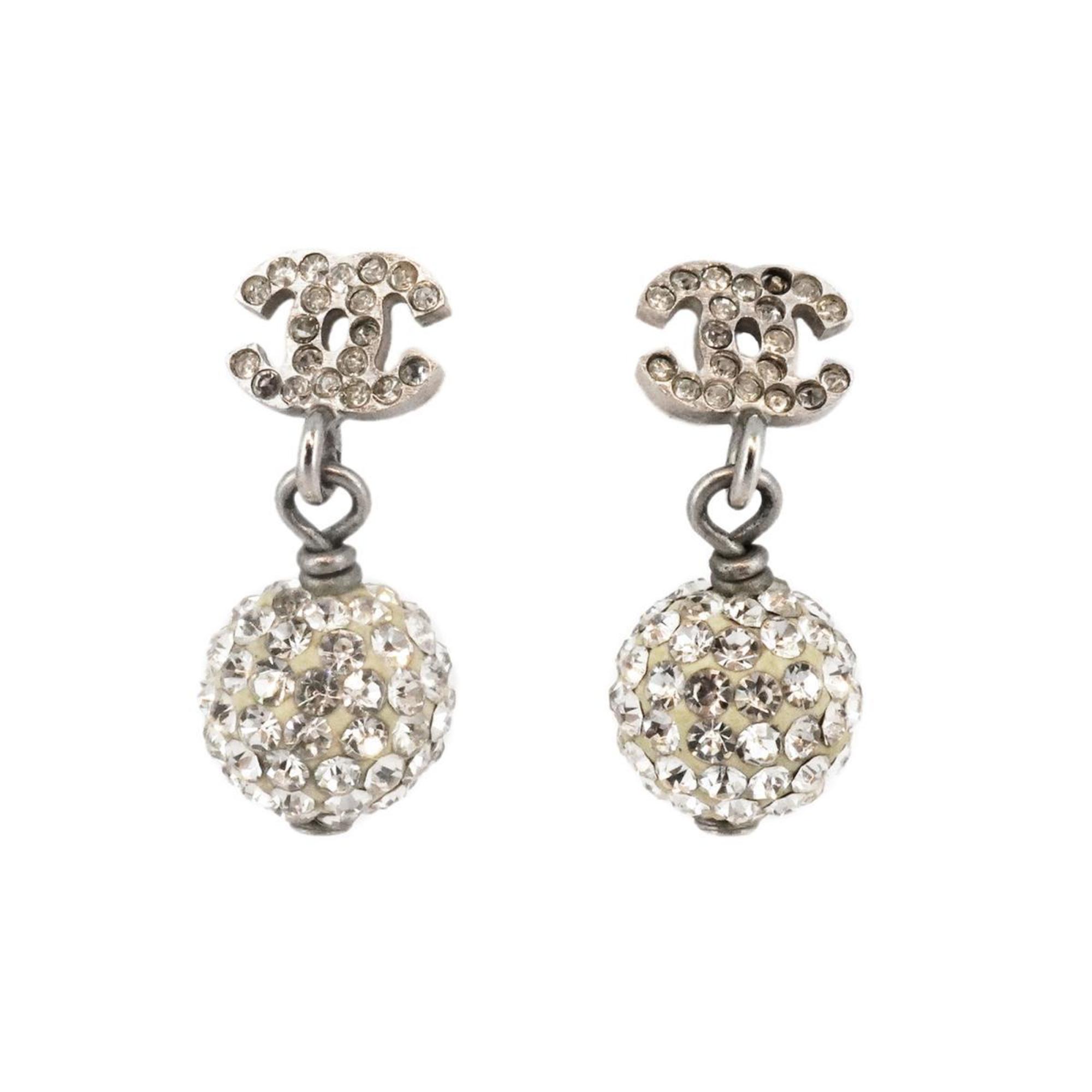 Chanel earrings with Coco mark, ball, rhinestone, metal, silver, B11P, for women