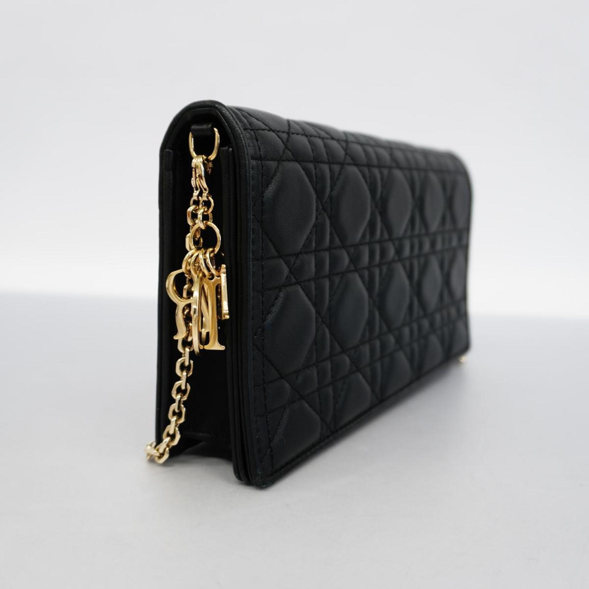 Christian Dior Shoulder Wallet Cannage Leather Black Women's