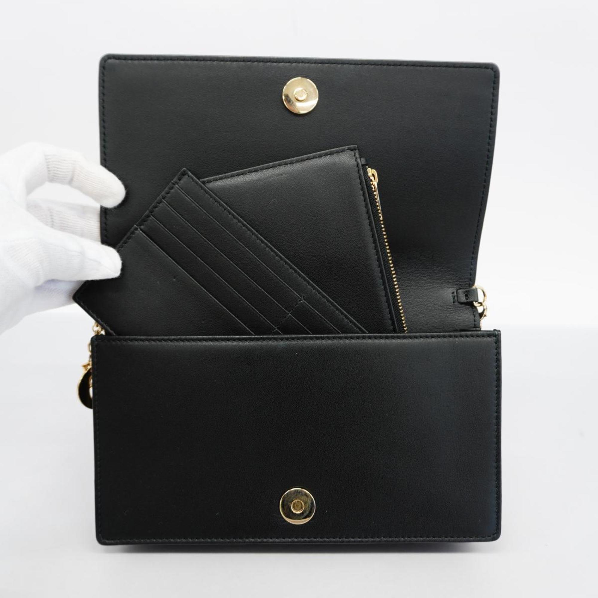 Christian Dior Shoulder Wallet Cannage Leather Black Women's