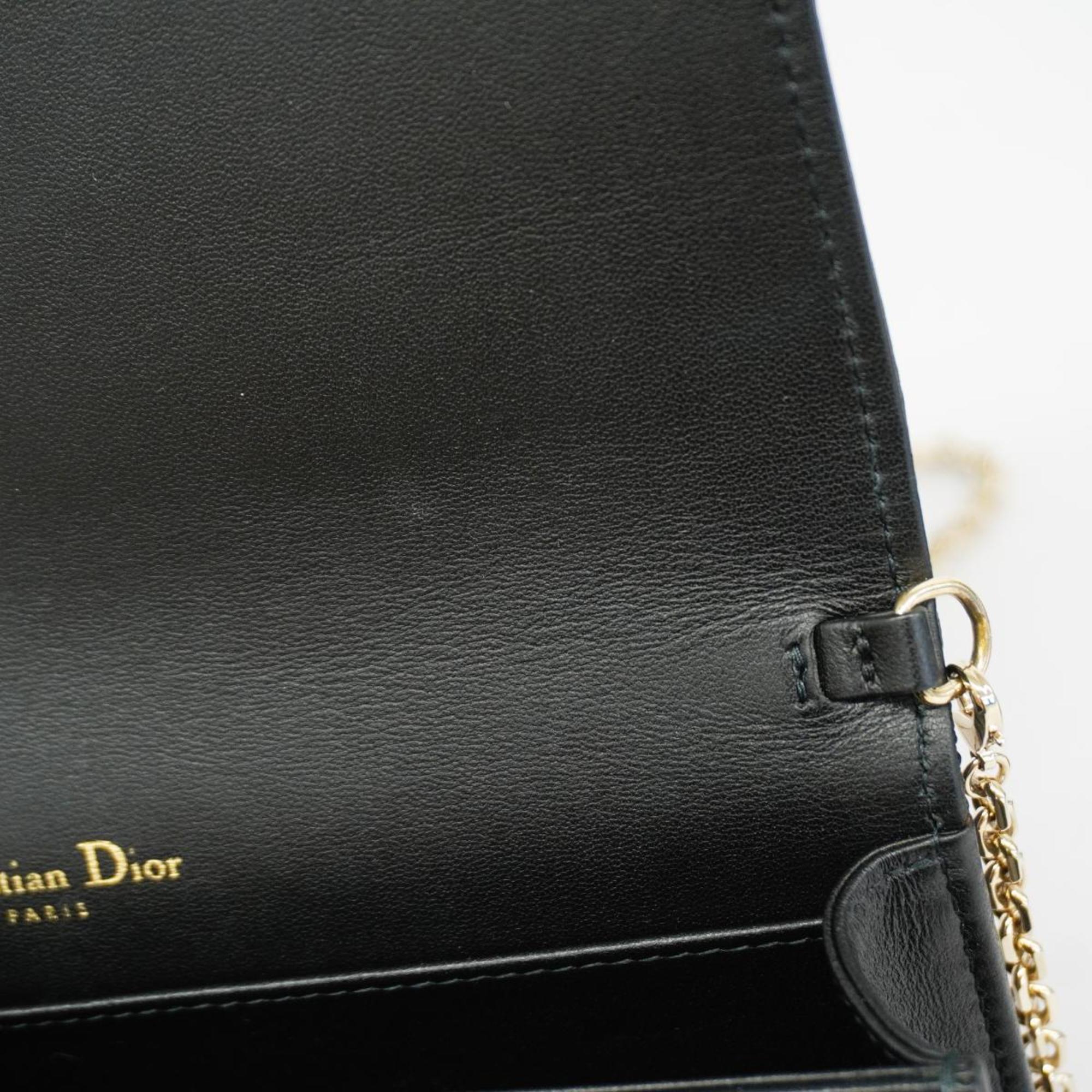 Christian Dior Shoulder Wallet Cannage Leather Black Women's