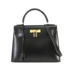 Hermes Kelly 28 2way hand shoulder bag, box calf leather, black, V engraved, outer stitching, gold hardware,