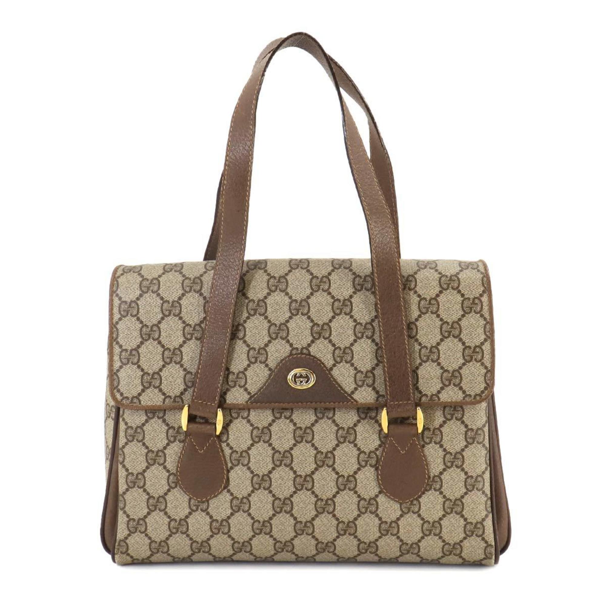 GUCCI GG Plus Handbag Leather Brown Beige 116.02.080 Gold Hardware