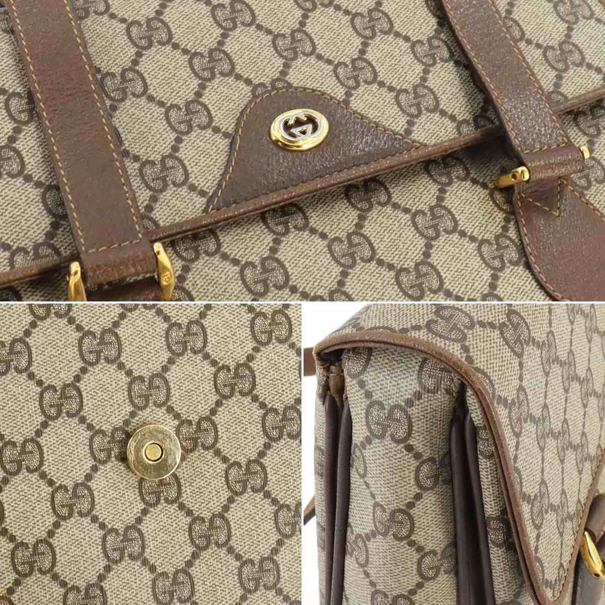 GUCCI GG Plus Handbag Leather Brown Beige 116.02.080 Gold Hardware