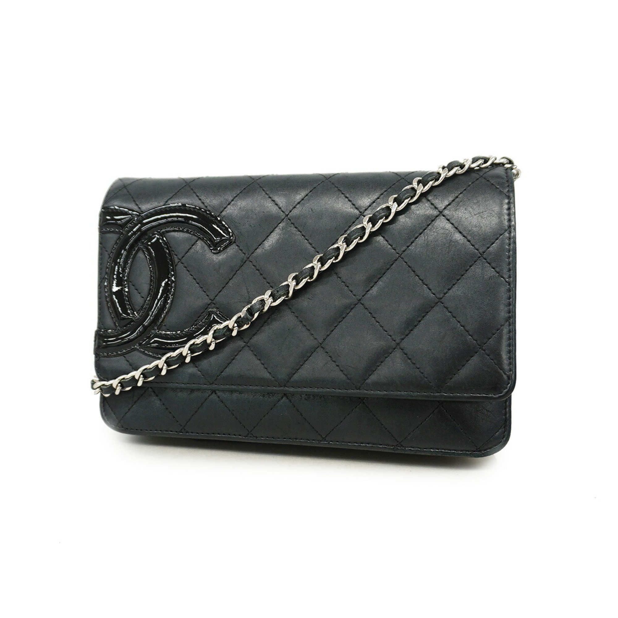 Chanel Shoulder Wallet Cambon Chain Lambskin Black Pink Women's