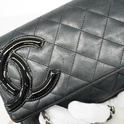 Chanel Shoulder Wallet Cambon Chain Lambskin Black Pink Women's