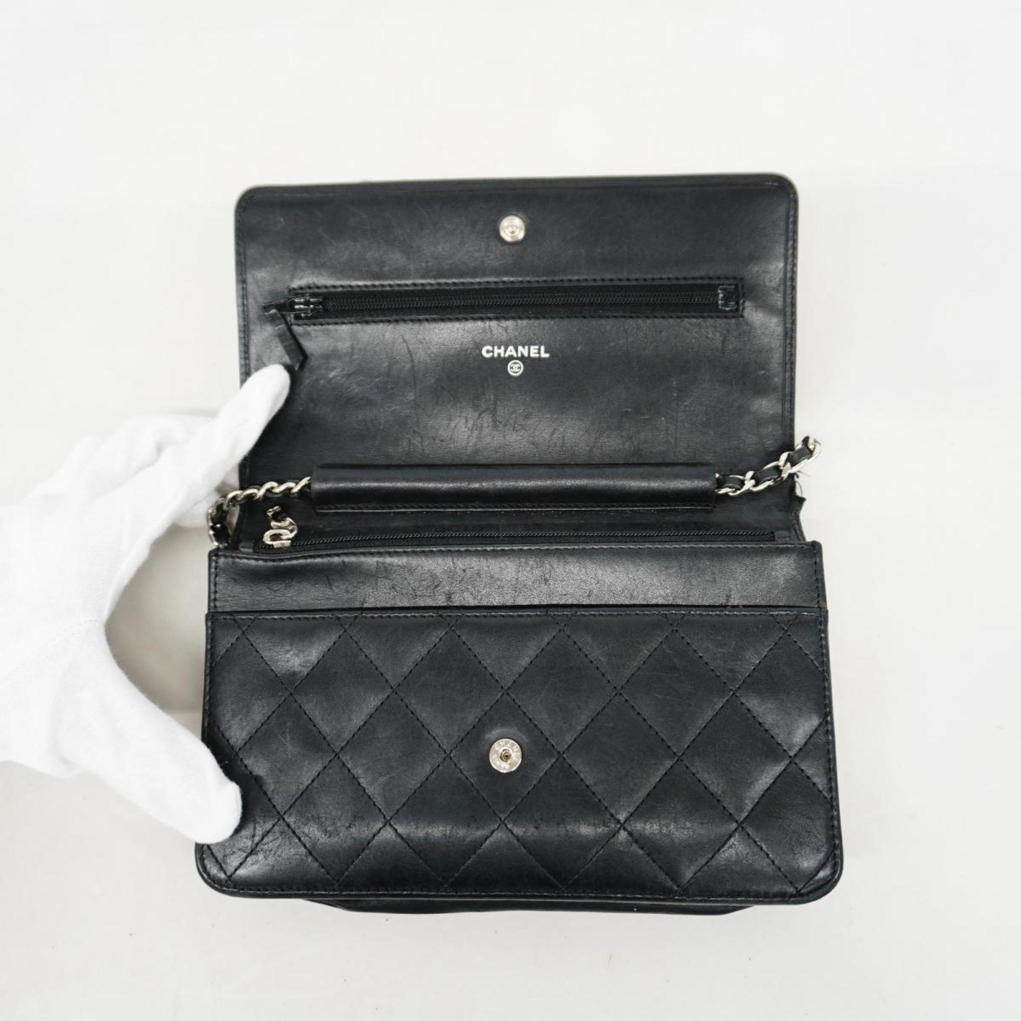 Chanel Shoulder Wallet Cambon Chain Lambskin Black Pink Women's