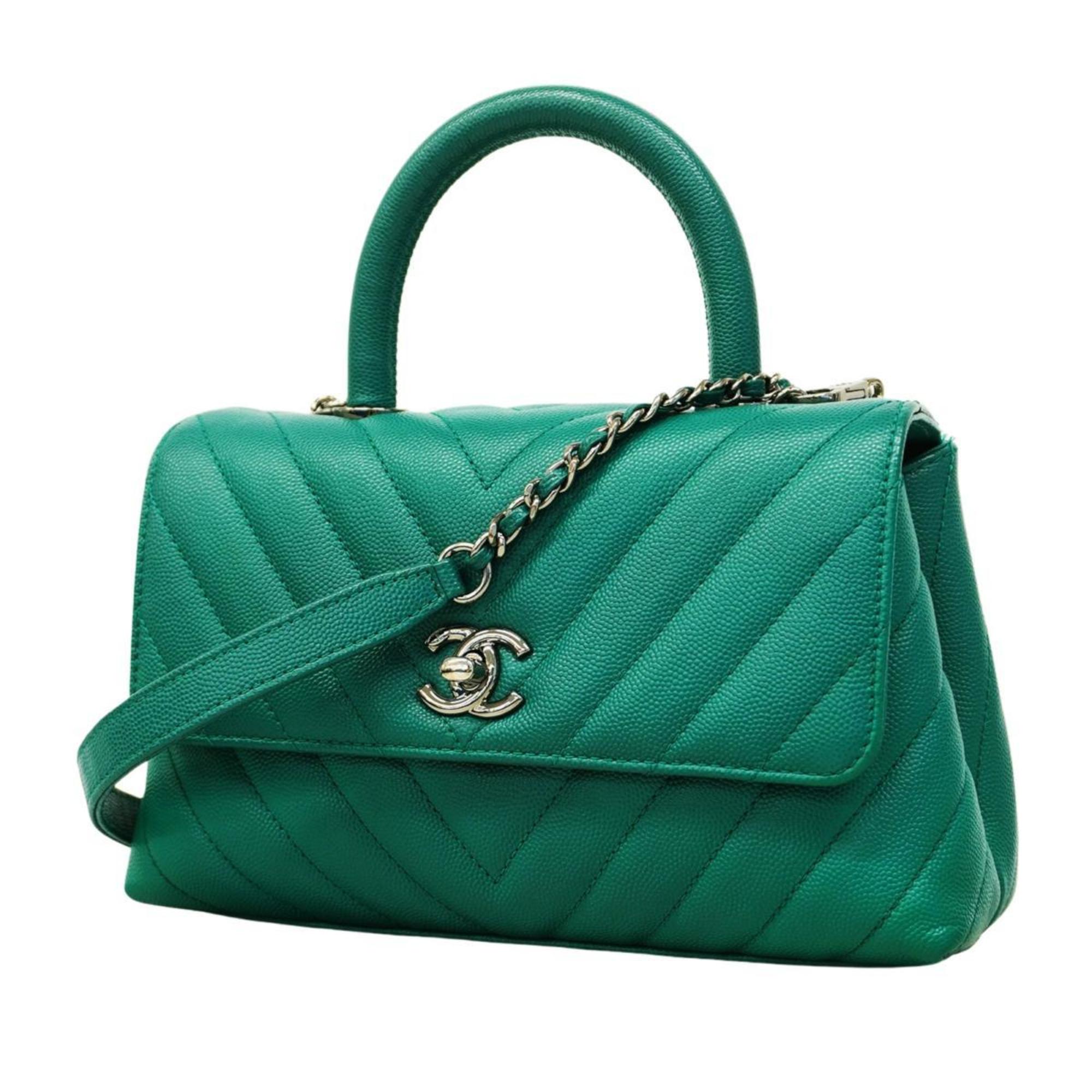 Chanel handbag V-stitch Coco handle chain shoulder caviar skin green ladies