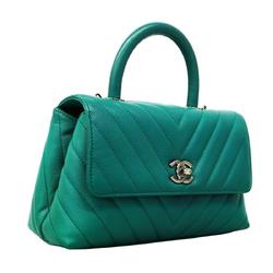 Chanel handbag V-stitch Coco handle chain shoulder caviar skin green ladies