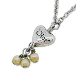 Christian Dior Necklace Heart Motif Faux Pearl Metal Silver Women's