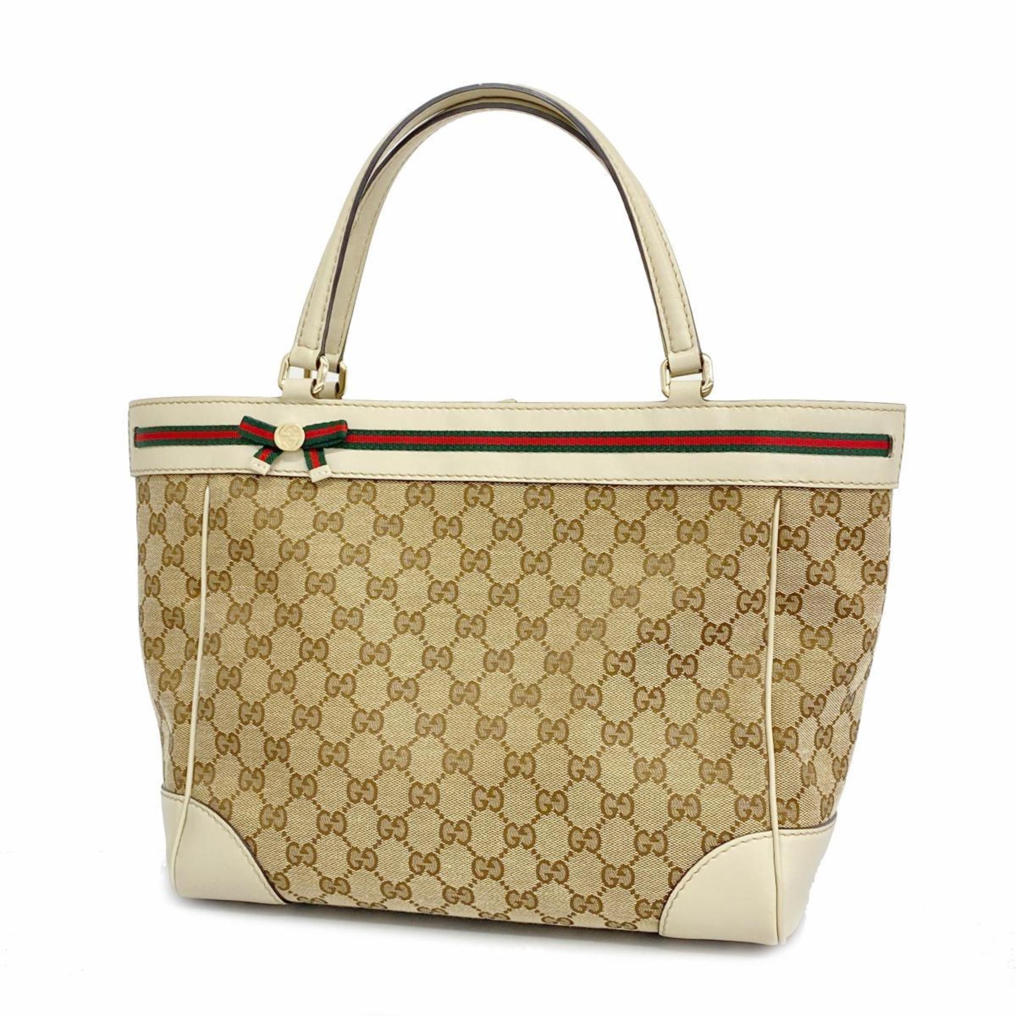 Gucci Tote Bag GG Canvas Sherry Line 257061 Leather Brown White Champagne Women's