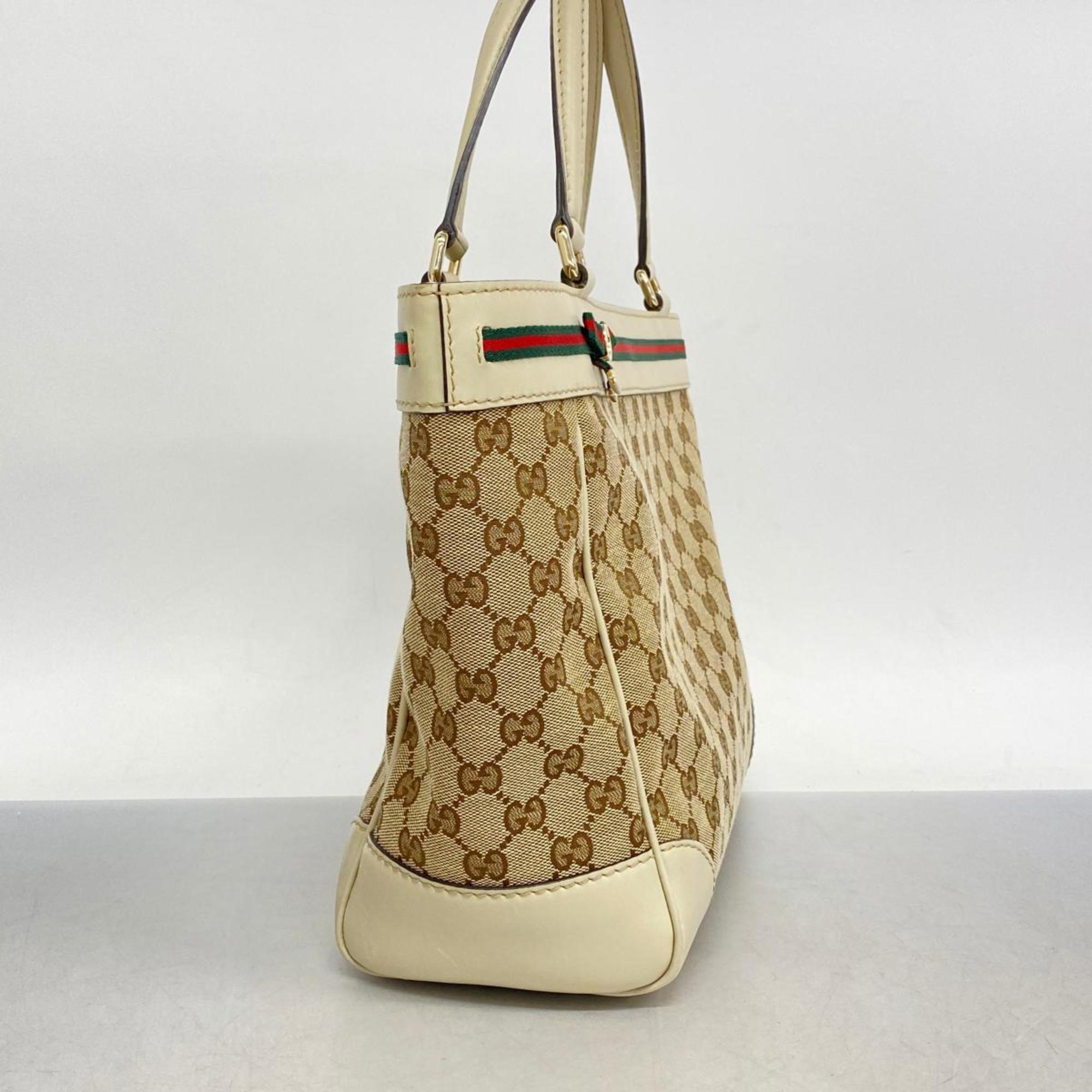 Gucci Tote Bag GG Canvas Sherry Line 257061 Leather Brown White Champagne Women's