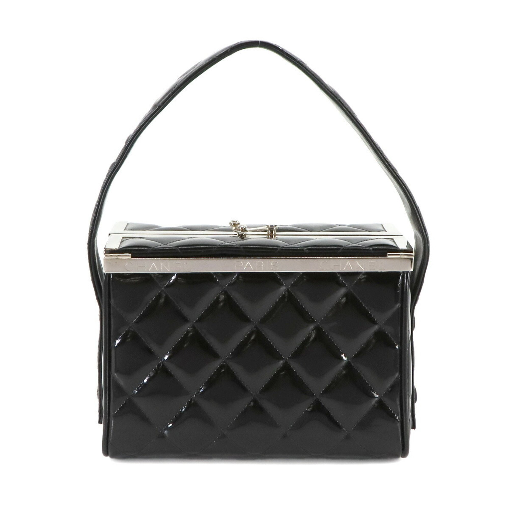 CHANEL Matelasse Vanity Bag Enamel Black Silver Metal Fittings Coco Mark