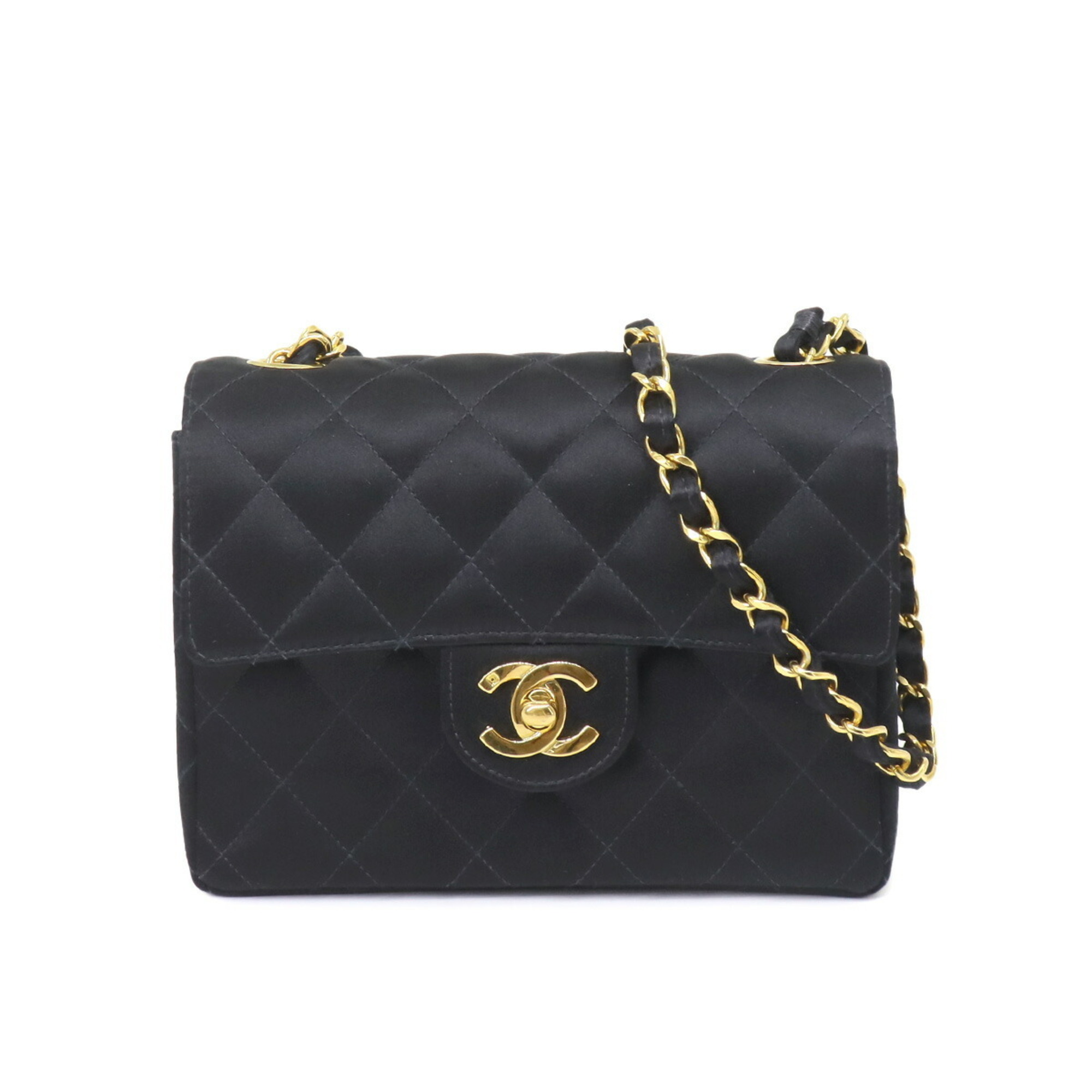 CHANEL Matelasse Chain Shoulder Bag Satin Black A01115 Gold Hardware Mini