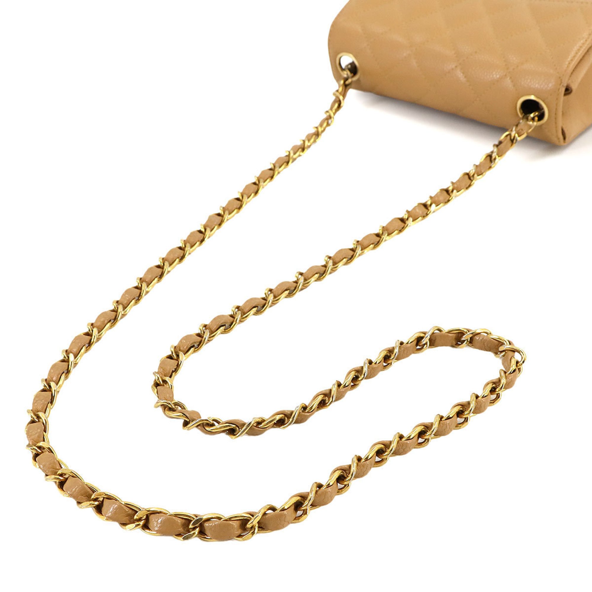 CHANEL Matelasse Chain Shoulder Bag Caviar Skin Beige A01115 Coco Mark Mini