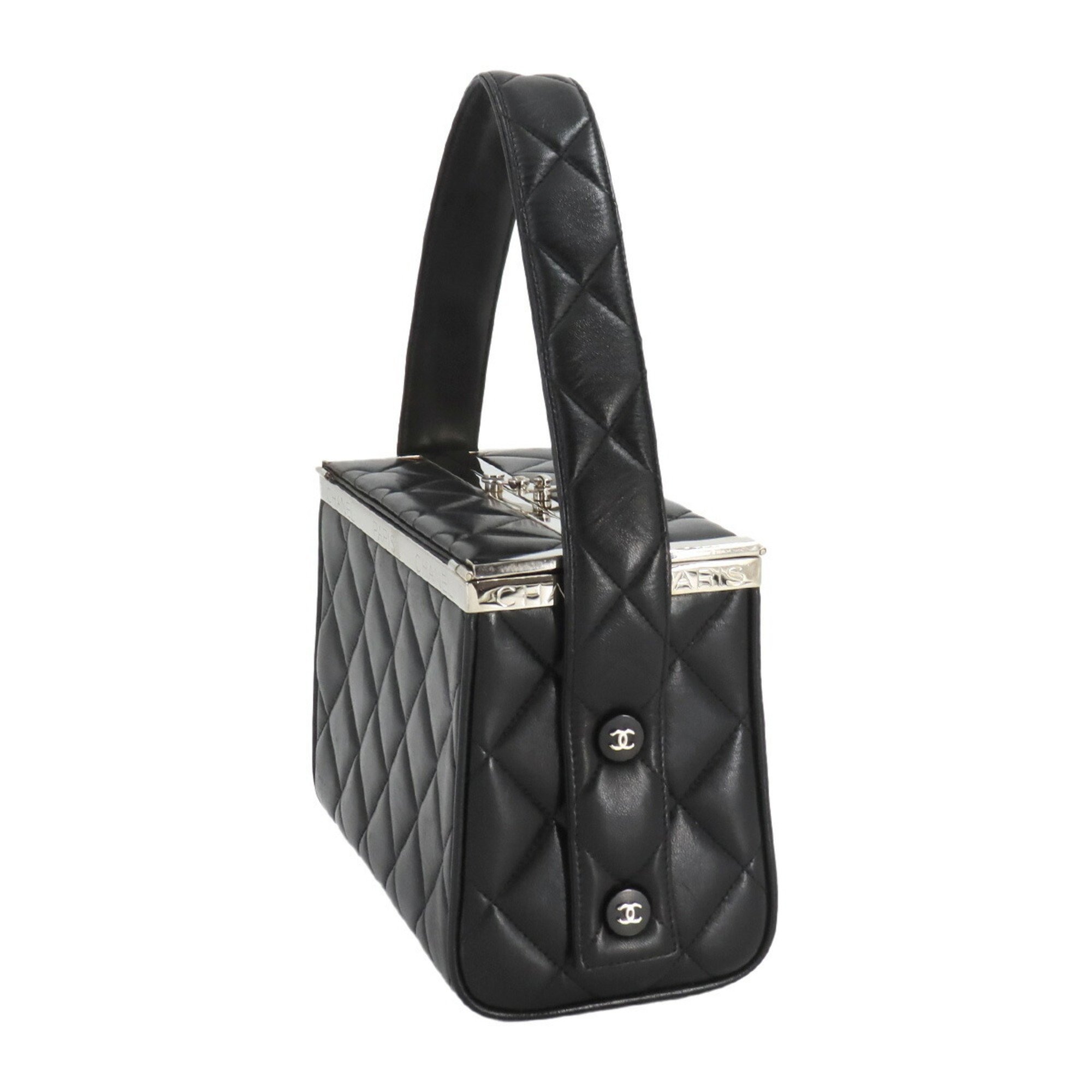 CHANEL Matelasse Vanity Handbag Leather Black Silver Hardware