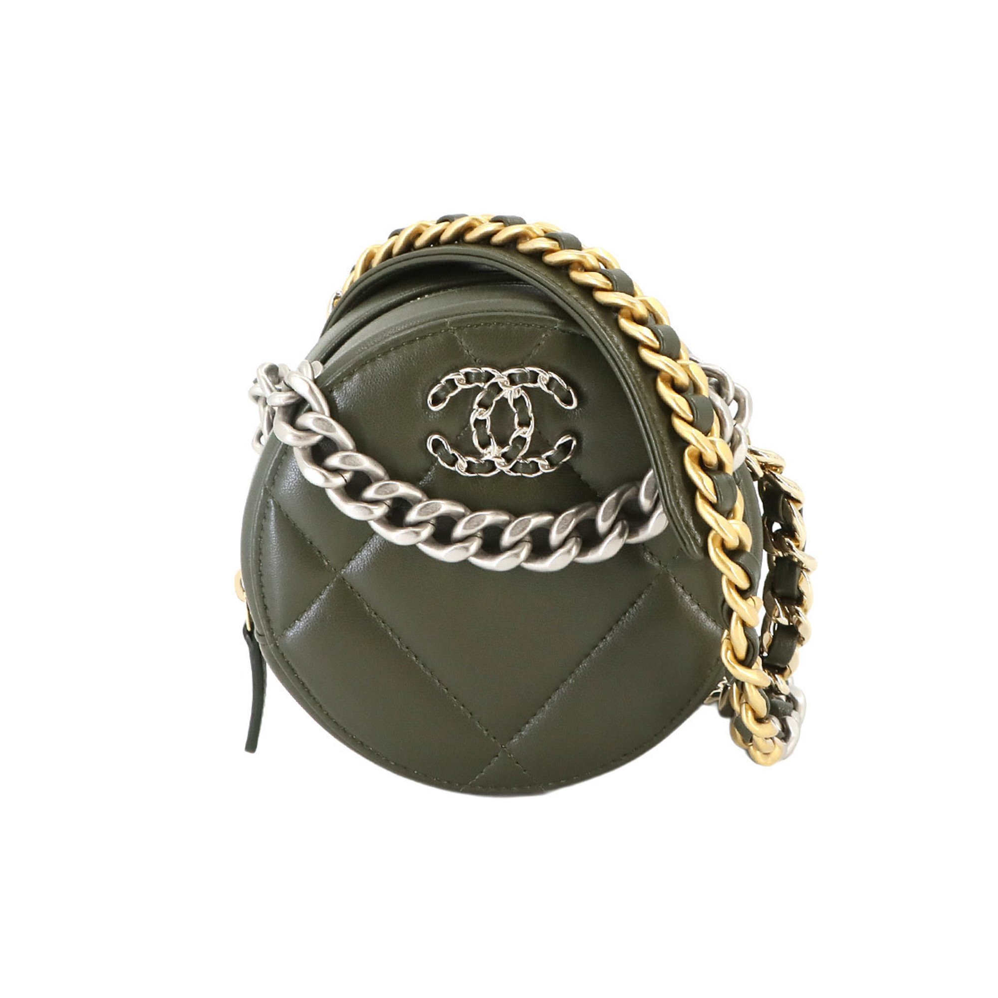 Chanel CHANEL 19 Round Clutch Chain Shoulder Bag Leather Khaki AP0945