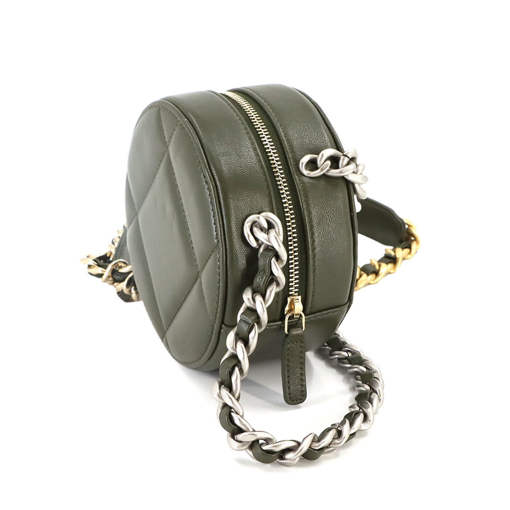 Chanel CHANEL 19 Round Clutch Chain Shoulder Bag Leather Khaki AP0945