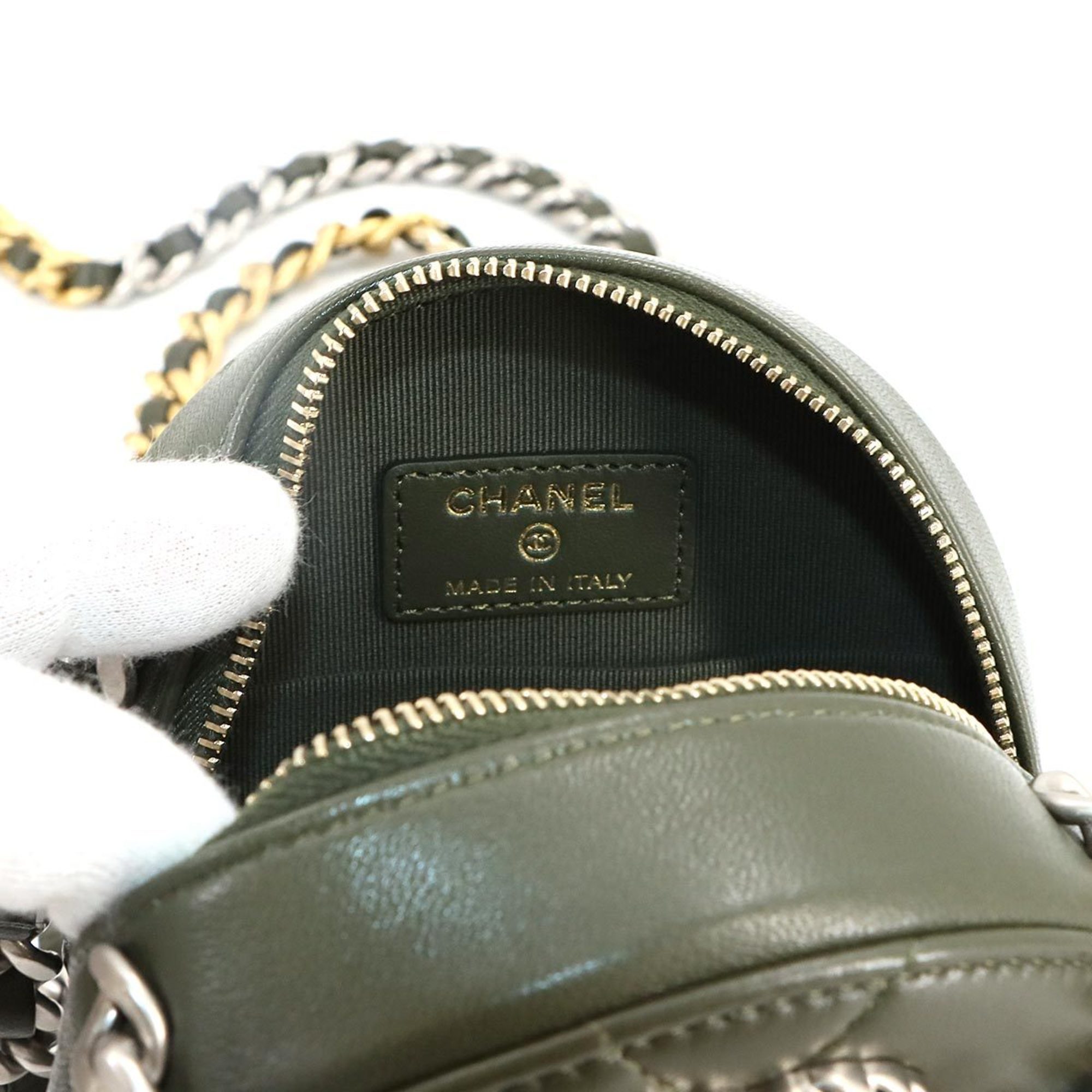 Chanel CHANEL 19 Round Clutch Chain Shoulder Bag Leather Khaki AP0945