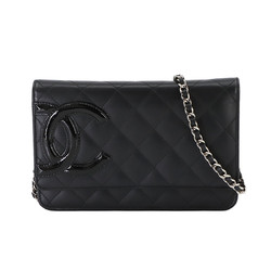 CHANEL Cambon Line Chain Wallet Bi-fold Long Leather Enamel Black Silver Metal Fittings 6646