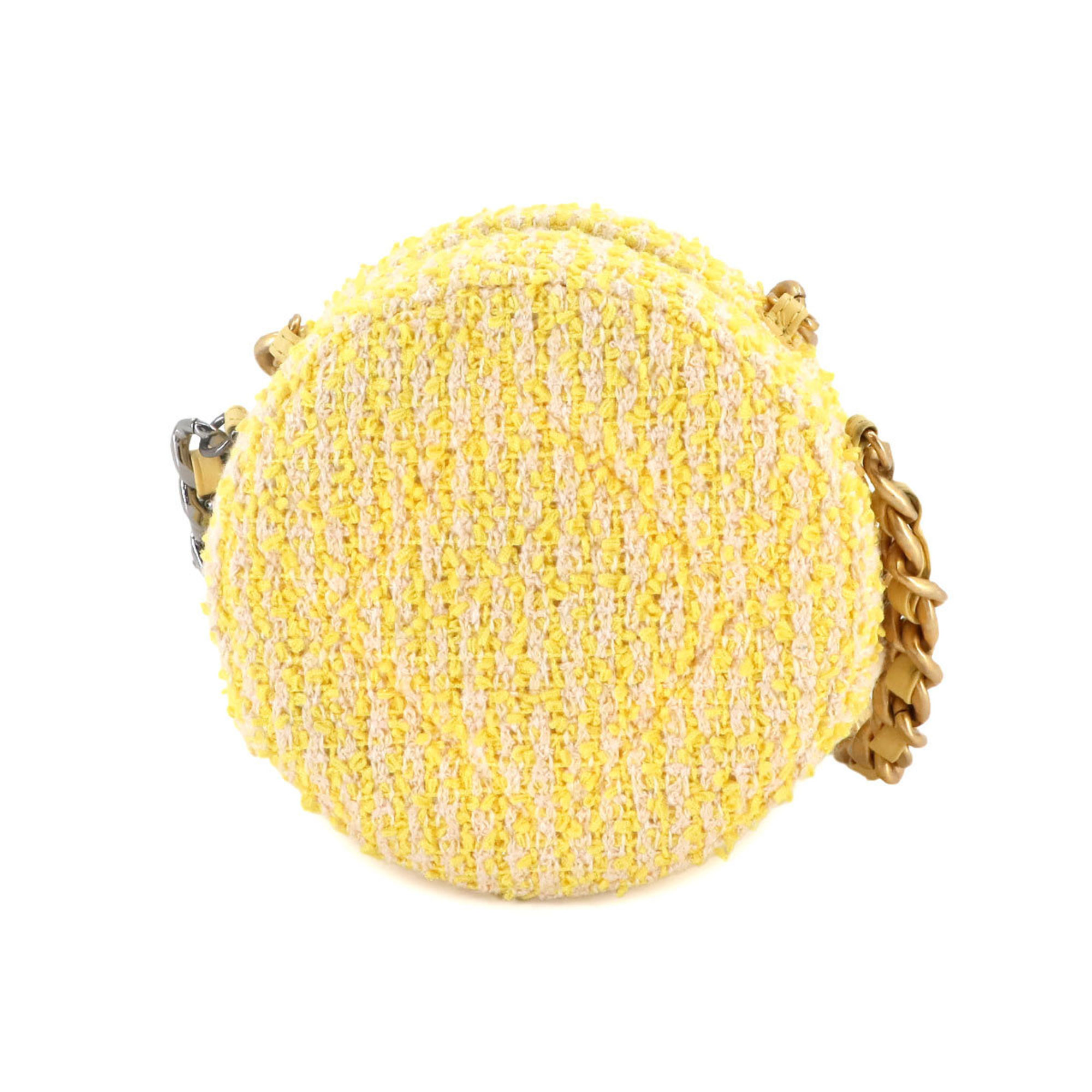 Chanel CHANEL 19 Round Clutch Chain Shoulder Bag Tweed Leather Yellow AP0945