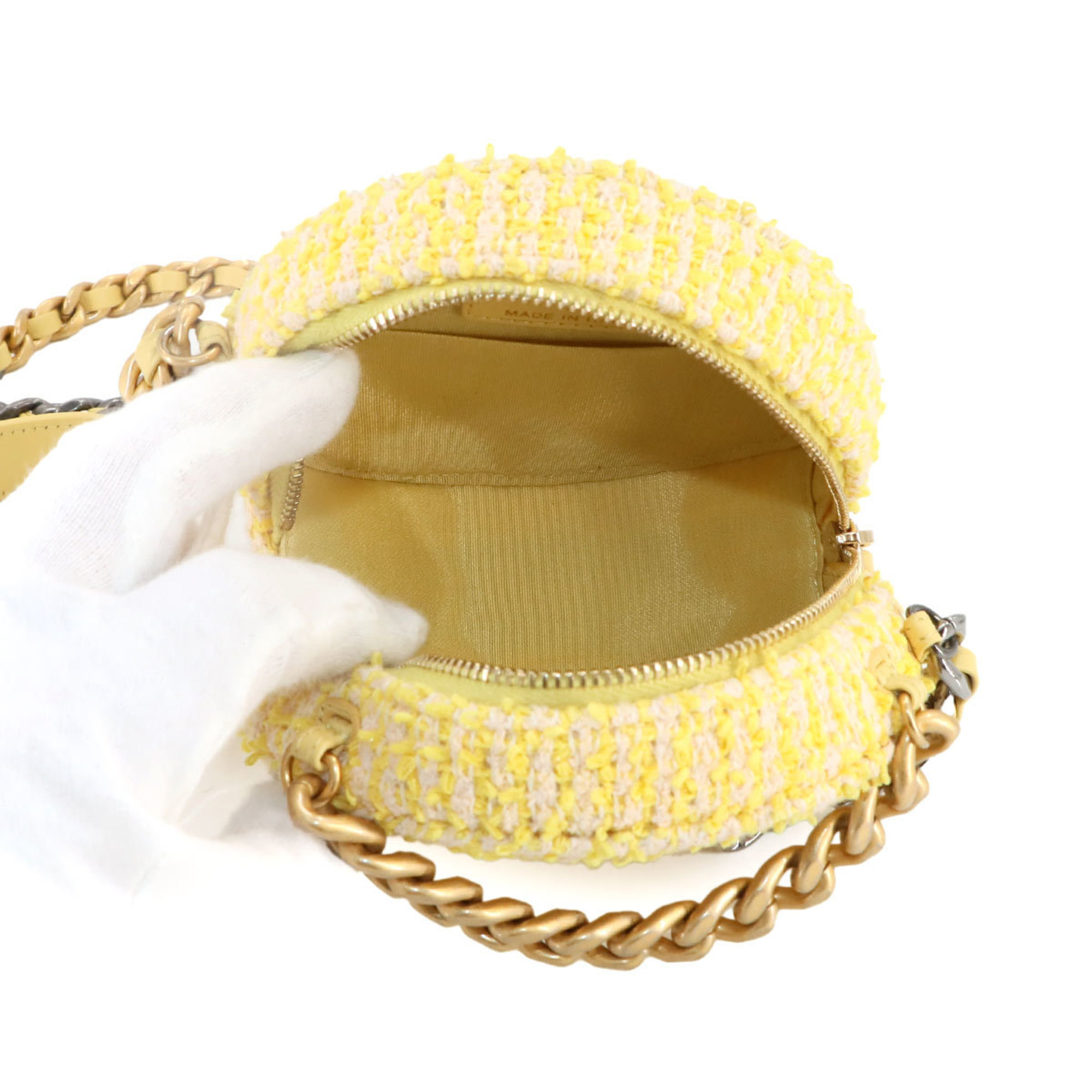 Chanel CHANEL 19 Round Clutch Chain Shoulder Bag Tweed Leather Yellow AP0945