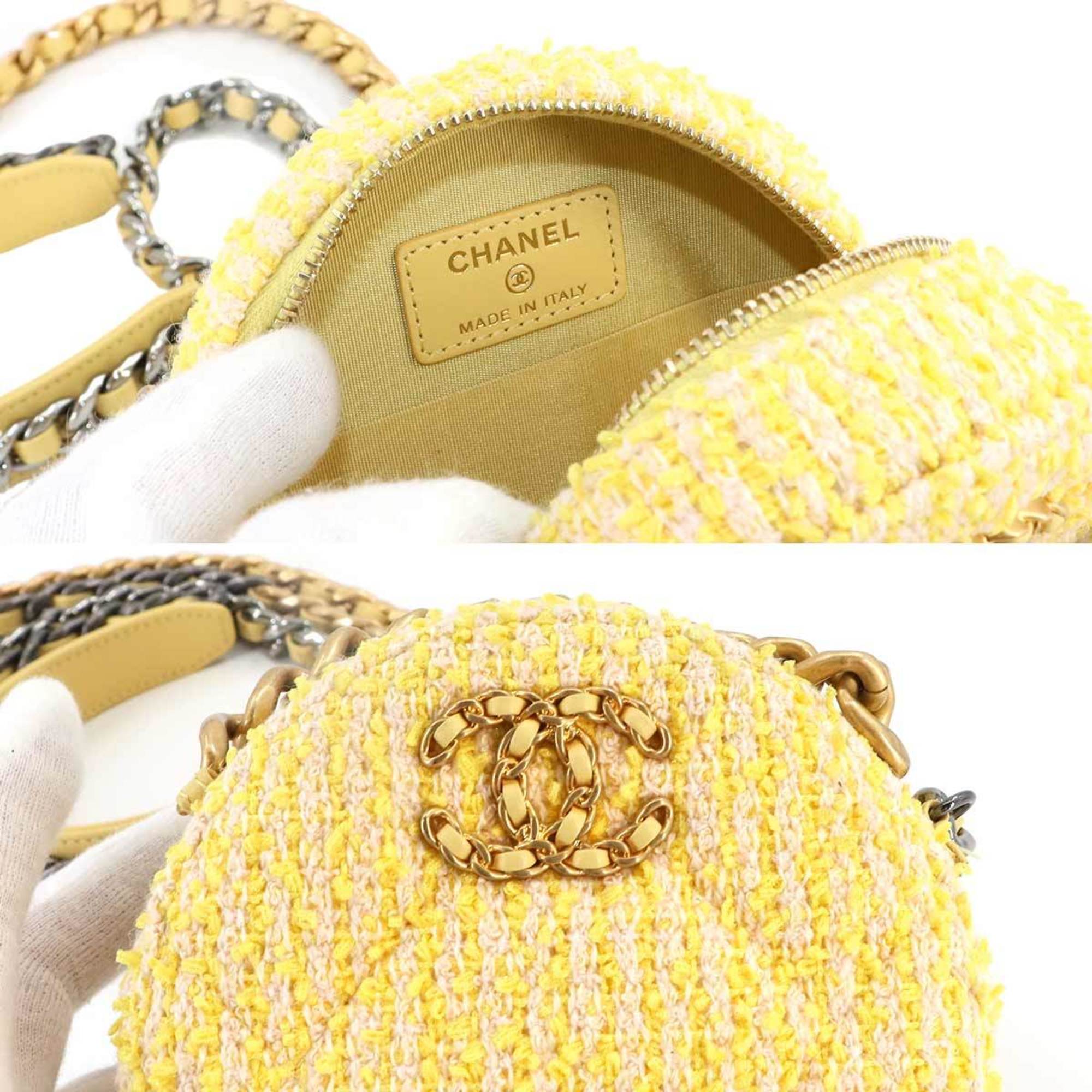 Chanel CHANEL 19 Round Clutch Chain Shoulder Bag Tweed Leather Yellow AP0945