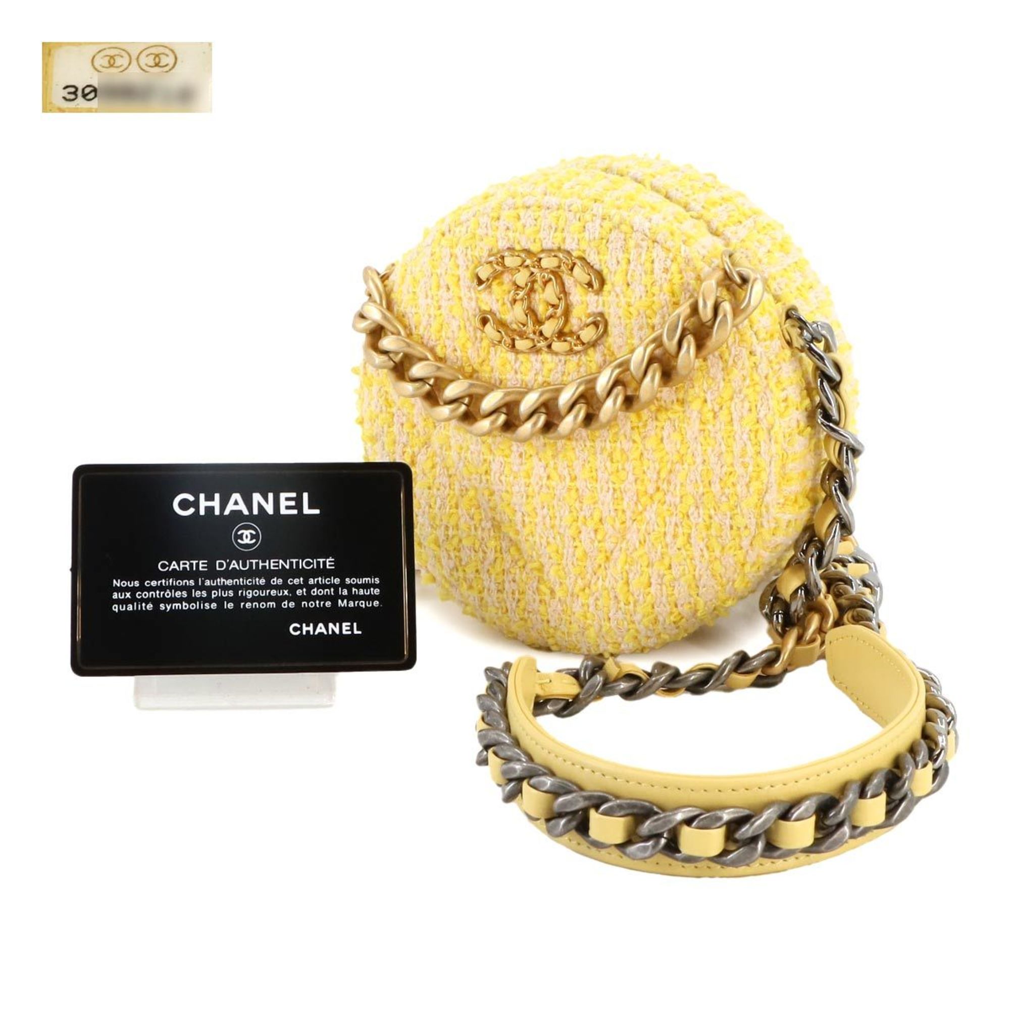 Chanel CHANEL 19 Round Clutch Chain Shoulder Bag Tweed Leather Yellow AP0945