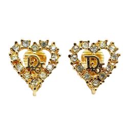 Christian Dior Earrings Heart Motif Rhinestone GP Plated Gold Women's