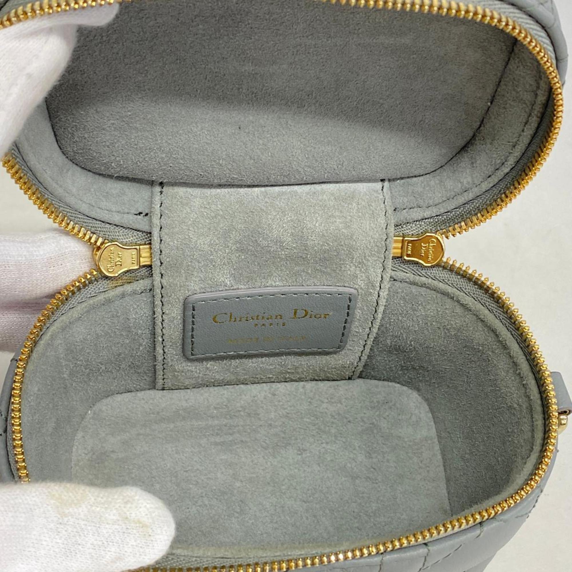 Christian Dior Shoulder Bag Cannage Leather Grey Champagne Women's