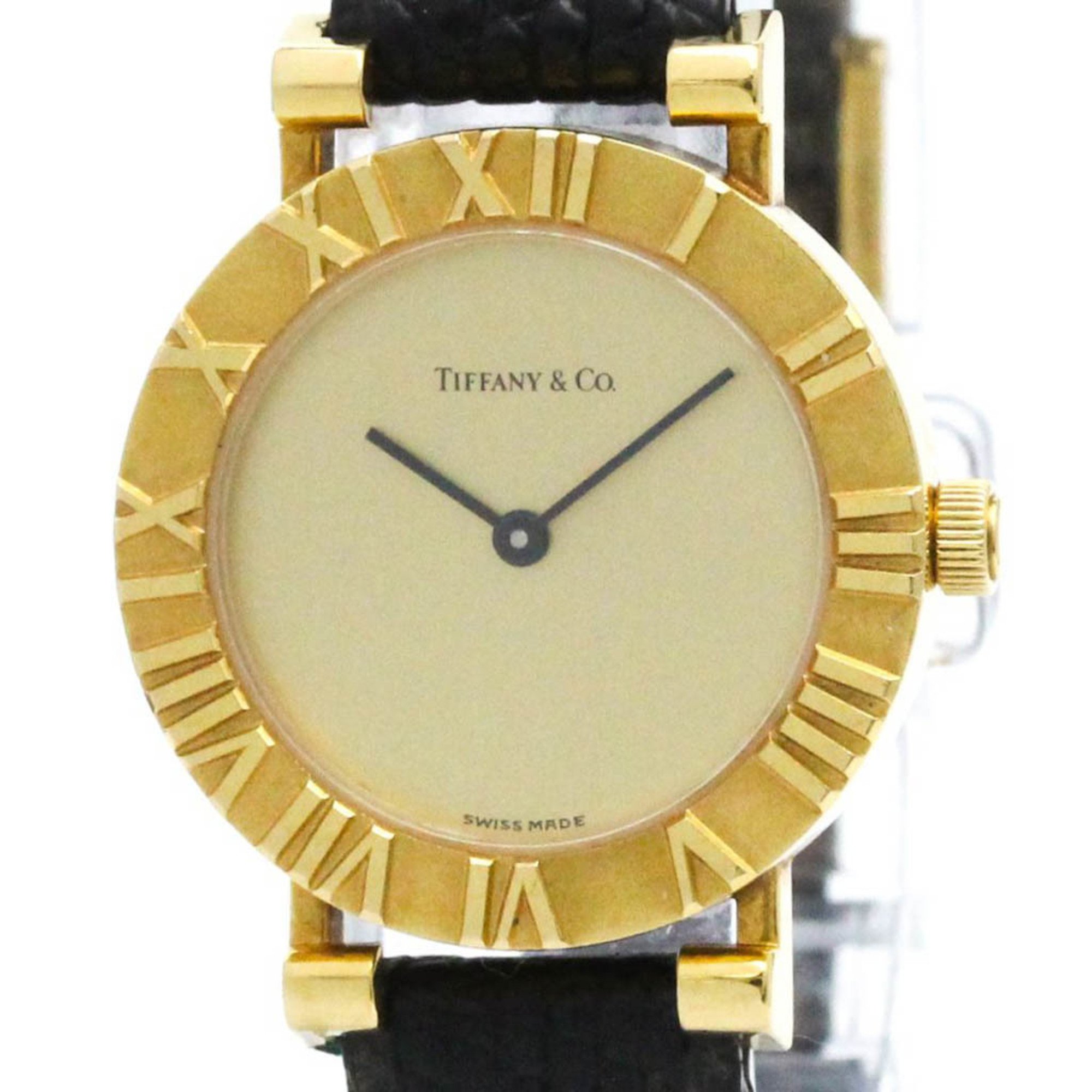 Polished TIFFANY Atlas 18K Gold Leather Quartz Ladies Watch L0630 BF571703