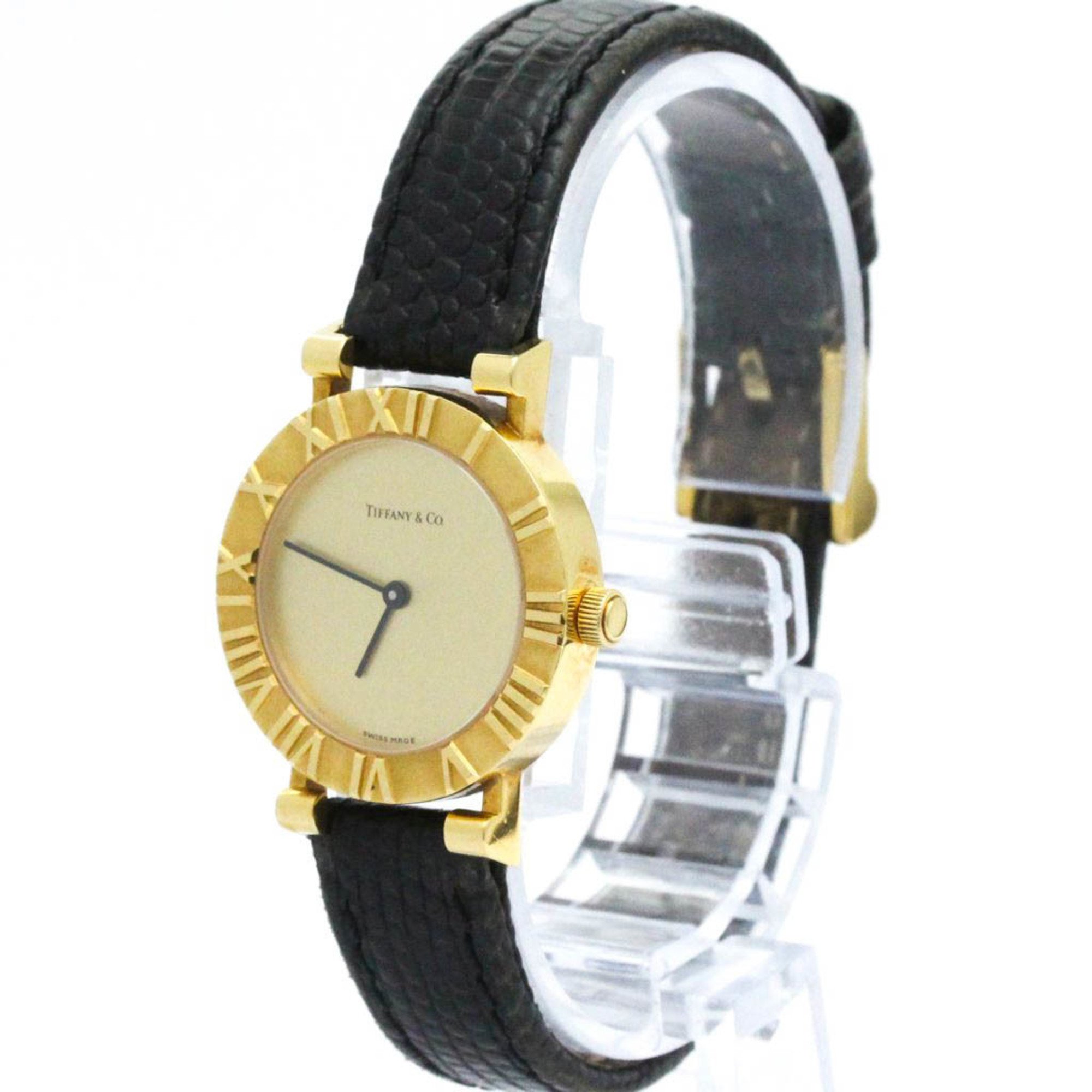 Polished TIFFANY Atlas 18K Gold Leather Quartz Ladies Watch L0630 BF571703